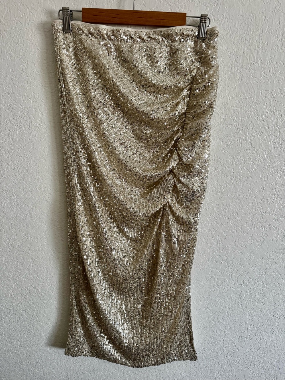 Wildfox Gold Sequin Ruched Midi Skirt